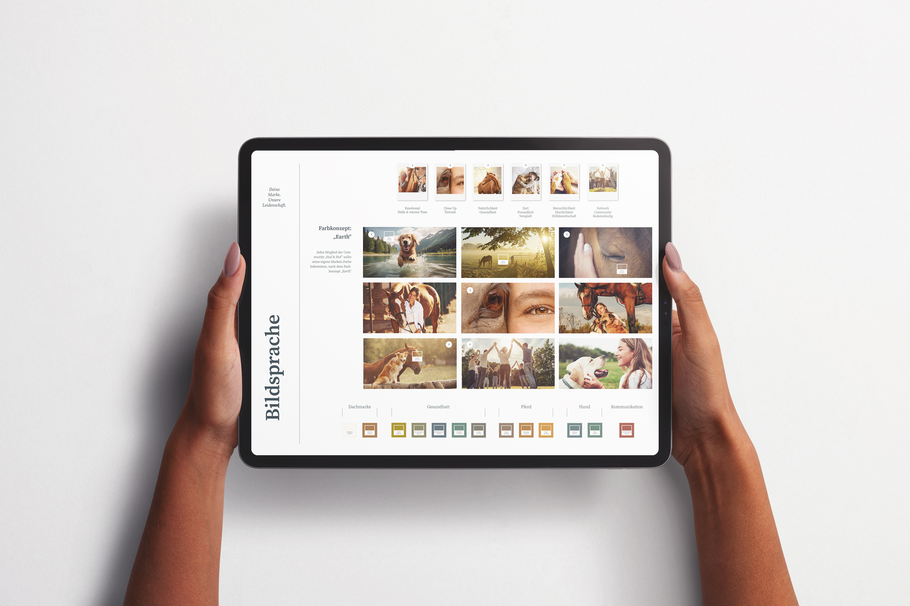 Branding Huf und Hof, Hände halten ein Tablett mit einem Ausschnit aus dem Branding von Huf und Hof